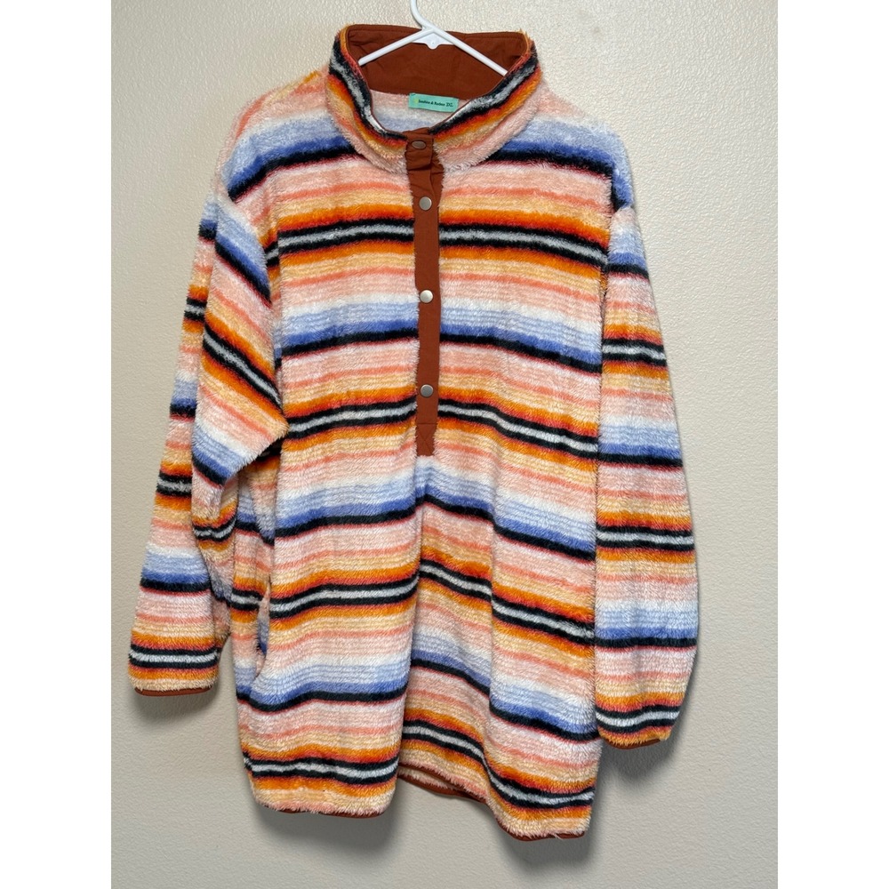 Sunshine & Rodeos Women 3XL Striped Fleece Pullover Snap Mock Neck Orange Blue